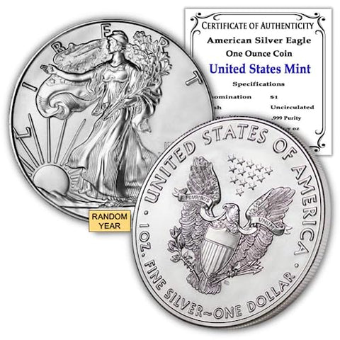 1986-2021 (Random Year) 1 oz American Silver Eagle Coin Brilliant Uncirculated (Type 1) with Certificate of Authenticity $1 Seller BU