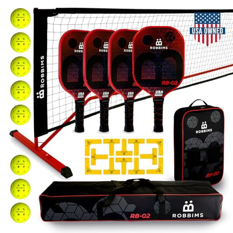 ROBBIMS Portable Pickleball Set with Net | 4 USAPA Approved Carbon Fiber Paddles, Duffle Bag, Regulation Size Pickleball Net System, Assembly Manual, 8 Outdoor Balls, Court Marker Kit and Carry Bag
