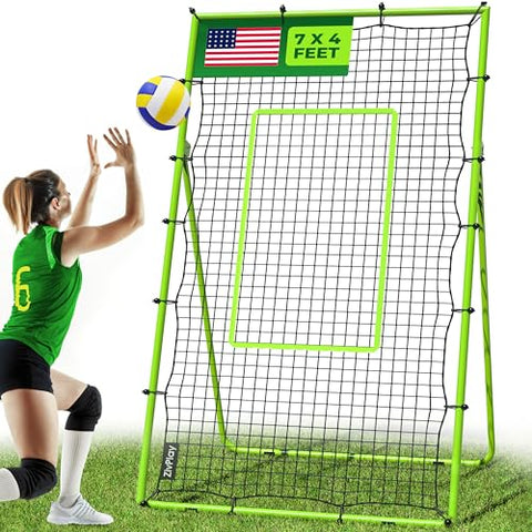 Volleyball Rebounder Net Lacrosse Rebounder Bounce Back Equipment with 5 Adjustable Rebound Angles Ground Stakes Neon Strap for Lacrosse Training and Volley Ball Practice 7x4 ft Color Green