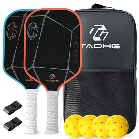 TADHG Diamond T300 Carbon Fiber Surface Pickleball Paddle Set of 2 Textured Finish Lightweight Design for Control Power Intermediate Advanced Players Includes 4 Balls, Bag, and Extra Grips (Orange)