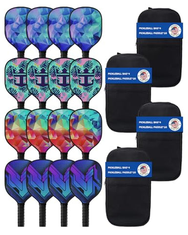 16-Piece Pickleball Paddle Set - 16 Premium Wood Rackets with 4 Portable Carry Bags, Lightweight Design & Ergonomic Grip, Suitable for Players of All Levels (Men, Women, Beginners to Advanced)