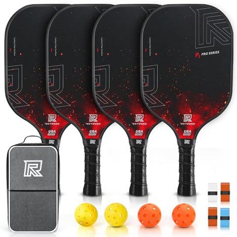 Ritzmed USAPA Approved Pickleball Paddles Set of 4 - T-300 Carbon Fiber Surface for Spin & Control - Lightweight Honeycomb Core Reduces Noise - Portable Set with Bag for Family