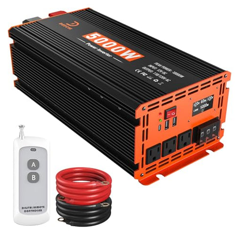5000W Power Inverter 12V DC to 110V/120V AC Converter for RV/Truck/Boat/Camping/Off-Grid Solar Car Power Inverter Peak Power 10000W with 3 AC Outlets,USB & Type-C Port, Remote Controller & LCD Screen