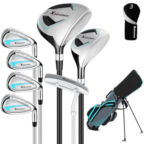 XDriveMax 8-Piece Left/Right Hand Complete Golf Club Set for Men & Women: Wood, Hybrid, Irons, Putter & Bag - Beginner Friendly, High Distance & Accuracy,Right,Light Blue