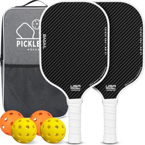 BAGAIL Pickleball Paddles, USAPA Approved Fiberglass Surface Pickleball Set, Lightweight Pickle Ball Rackets with 4 Balls, 1 Bag, Designed in California for Traction and Stability - 2 Pack, White