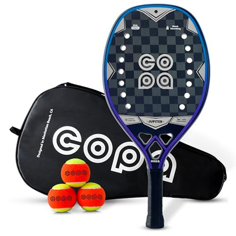 Beach Tennis Racket 18k Carbon Fiber with Padded Bag Copa Jupiter EVA Memory Foam Core, Sand Grit Finish Beach Tennis Paddle ITF Regulation Balls Included.