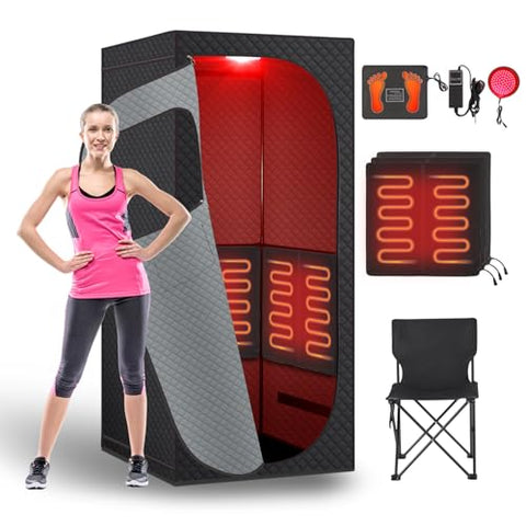 Fulove Far Infrared Sauna Box, Portable Dry Sauna with Red Light Therapy for Detoxification, Relaxation, Carbon Crystal Heating,9 Levels, 5.9'×2.9'×2.6'