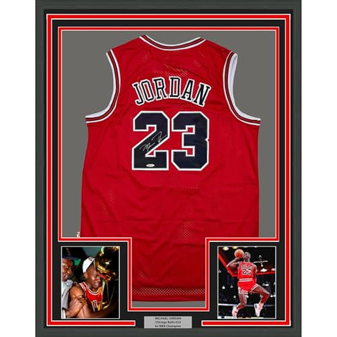 Framed Autographed/Signed Michael Jordan 35x39 Chicago Red Basketball Jersey Upper Deck UDA COA