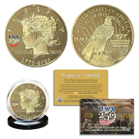 America 250th Anniversary 1776-2026 Peace Dollar Golden Proof Privy Medallion Coin America USA 250