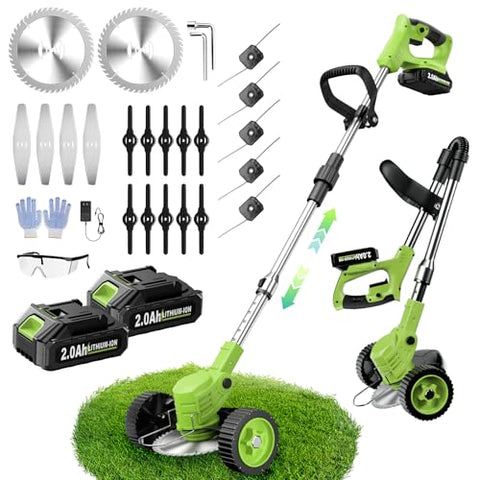 FULLYEA Weed Wacker Cordless, Electric Weed Eater with 4 Types of Blades & 2 * 2.0Ah Batteries, Lightweight Brush Cutter String Trimmer Foldable, Battery Powered Lawn Mover for Lawn Yard (Green)