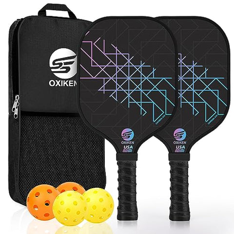 SS OXIKEN Pickleball Paddles Set of 2, USAPA Approved Carbon Fiber Pickle Ball Paddle (CHS) Polypropylene Honeycomb Core, Anti Slip Sweat Absorbing Grip, 2 Outdoor Pickleball, 2 Indoor Pickleball, Bag
