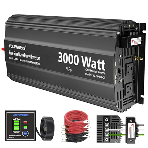 3000 Watt Pure Sine Wave Inverter 12V DC to 110V 120V AC with UL Fuses 3000W Power Inverter for Home RV Truck Off-Grid Solar with AC Hardwire 30A Compatible with Lithium Battery VOLTWORKS