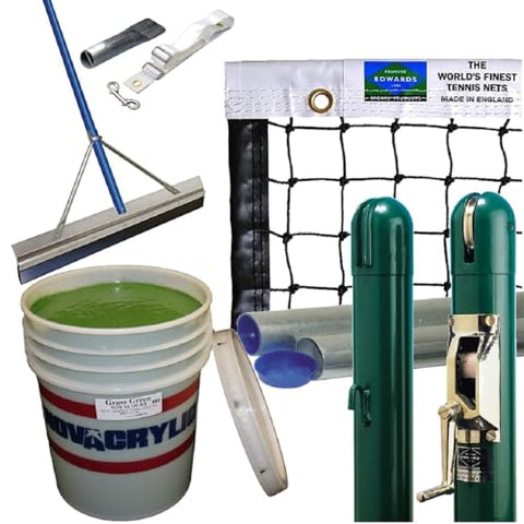 Do It Tennis Pickleball Court Build Package w Court Preparation Materials, Pickleball Court Equipment (Green Posts) & Blue Inbound + Sand Dune Outbound Paint