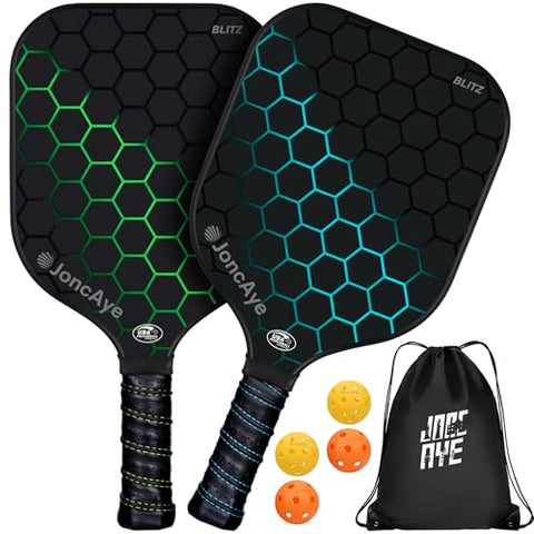 JoncAye Pickle-Ball Racket Set of 2 - Carbon Fiber Paddles for Beginners Intermediate - USAPA Approved Pickleball Gear with 4 Balls, Portable Bag, Overgrip, Comfy Grip for Adults Kids