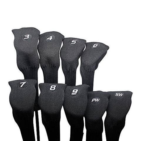 Majek All Hybrid Golf Club Black Sleek Tight Fit Headcover Set 3-SW Acrylic Head Covers 3 4 5 6 7 8 9 PW SW (Total of 9 Hybrid Head cover Set)