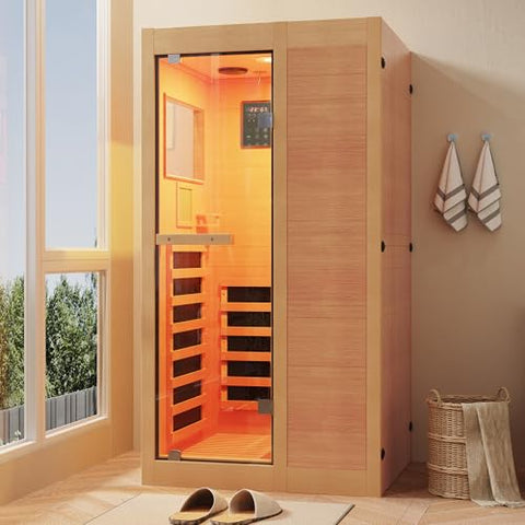 ROCSUMOO Infrared Sauna for 1 Person, Wooden Dry Sauna Room with backrest, 960W/120V Low EMF Indoor Saunas with Control Panel, 7-Color Therapy&Timer, Bluetooth Speakers for Home