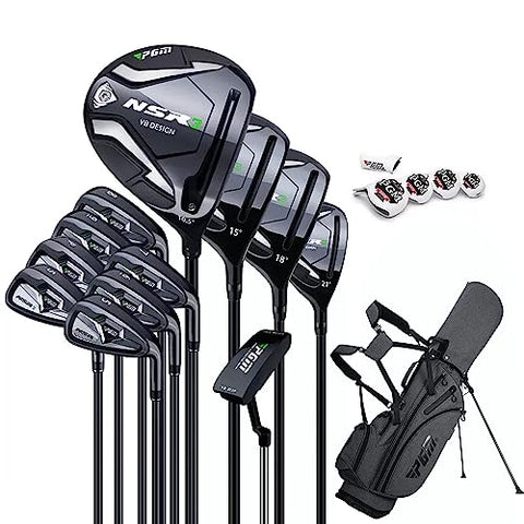 PGM Men's Complete Golf Club Sets - 12 Pieces - 3 Wood (#1,3,5), 1 Hybrid (#4H), 6 Irons(#5,6,7,8,9,PW), 1 Sand Wedge (52°), 1 Putter - Golf Stand Bag, Right Handed