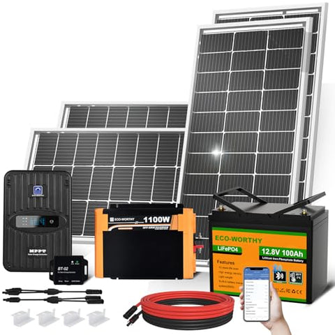 ECO-WORTHY 1.6KWH Complete Solar Panel Kit 400W 12V for RV Off Grid: 400W Solar Panels + 40A MPPT Charge Controller +12V 100Ah Lithium Battery + 1100W Solar Power Inverter + Bluetooth Module