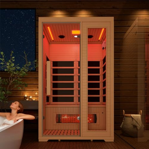BNEHS Full Spectrum Infrared Sauna, 2 Person Wooden Sauna for Home, Indoor Dry Saunas with 5 Carbon Panels and 1 Carbon Tube, Oxygen Bar and 7 Color Light Strips, Canadian Hemlock,110V