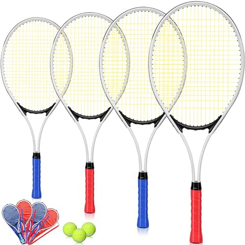 Motionchic 4 Pcs Tennis Rackets for Adult Recreational 4 Players 27" Tennis Racquet Lightweight Tennis Racket with 3 Tennis Balls for Training Beginners with Overgrips Carry Bag (White)