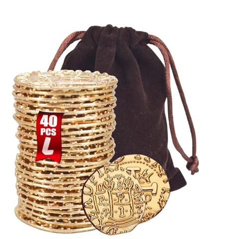 Large Metal Pirate Coins Gold Treasure Coin Set, Metal Replica Spanish Doubloons for Board Games, Tokens, Toys, Cosplay – Realistic Money Imitation for Treasure Chest -Large Size 1.18" (Gold 40 PCS)