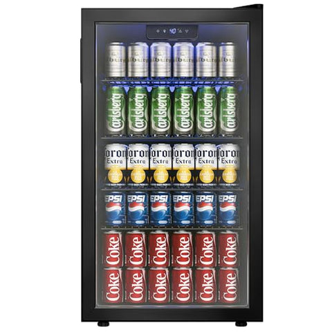 Icyglee Beverage Refrigerator Cooler, 126 Can Mini Fridge with Glass Door for Wine, Soda Beer, Beverage Cooler for Home, Bar, Office with Adjustable Removable Shelves, Black