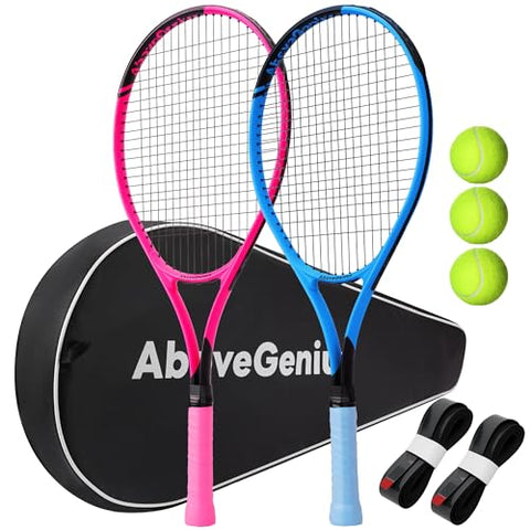 AboveGenius Neon Pink & Blue Tennis Rackets 2 Pack for Adults- 27" Lightweight Aluminum Tennis Racquet Set with 3 Balls & Bag - Stylish Matte Pop-Color Starter Kit for Couples & Friends