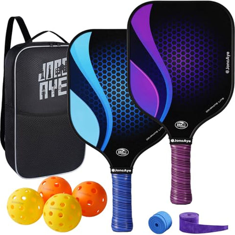 JoncAye Pickle-Ball Paddles Set of 2, Graphite Fiberglass Surface for Power & Control, USAPA Approved Rackets for All Ages, Beginners, Intermediate, with Outdoor Indoor Balls, Carry Bag, Grip Tape
