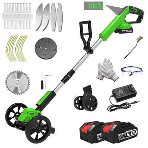 Electric Weed Wacker Cordless Eater Battery Powered Weed Trimmer, with 2Pcs 21V Battery 5 Types Blades Lightweight Grass Trimmer Edger Lawn Tool, Push Wheeled No-String Trimmer for Garden Yard