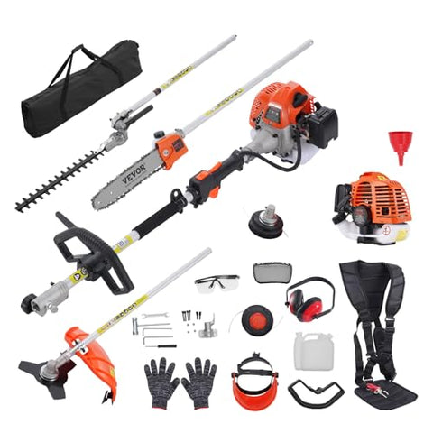 VEVOR 5-in-1 26cc 2 Cycle Gas Powered Dual Sided Hedge Trimmer, Weed Eater, String Trimmer, Edger, Pole Saw Chainsaw Pruner with EPA, CE and EMC Certification