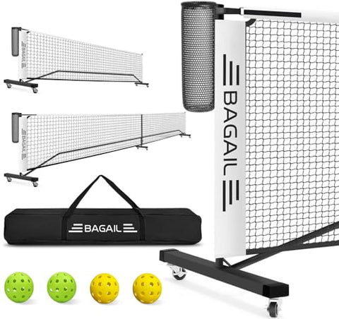 BAGAIL Portable Pickleball Net Set with Wheels, 22 FT Regulation Size & 11 FT Half Court Size 2-in-1 Pickle Ball Net with Ball Collector, Carry Bag, Easy Setup for Outdoor Indoor Driveway - White