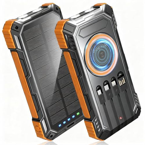 Solar Power Bank,49800mAh Wireless Portable Phone Charger with Built-in 4 Cables,22.5W Fast Charging External Battery Pack PD 3.0 USB-C In/Output for iPhone,iPad,Android,Perfect for Camping, Hiking