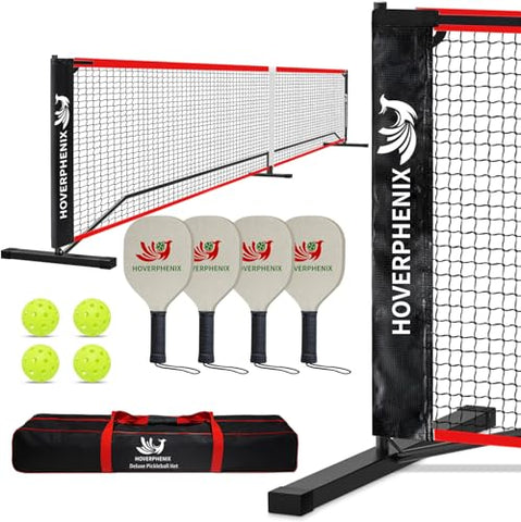 Hoverphenix Pickleball Set with Net for Driveway, Portable Regulation Size Pickleball Net System with Paddle Set of 4, Outdoor Pickleballs, Carry Bag, Weather Resistant Metal Frame