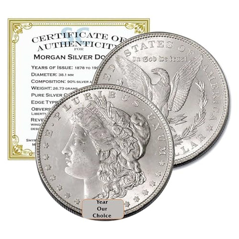 1878 S, P, O - 1904 O, P, S - Date Our Choice - 90% Silver Morgan AU - $1 AU in Air-Tite Capsule Holder with Smyrnacoin Certificate of Authenticity Dollar AU