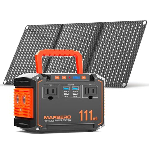 MARBERO 150W Peak Solar Generator with 30W Solar Panel 111Wh Camping Portable Power Station 110V Power Bank with AC Outlet(2*USB A, 2*USB C, 2*AC) for Outdoor Travel Home Blackout Emergency Hurricane