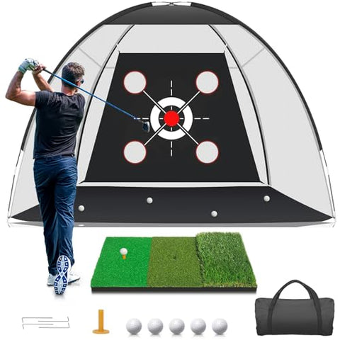 KLAODOT Golf Net with Practice Mat,Golf Hitting Aid Nets 10x7FT for Backyard Driving Chipping Training Swing with Target Mat Balls for Outdoor Indoor,Gifts for Men Dad Him and Golfer