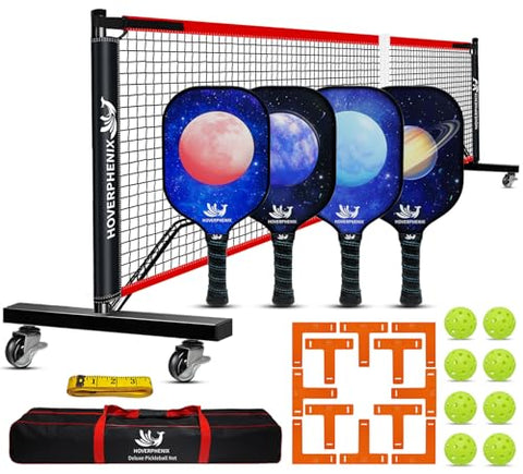 Portable Pickleball Set - Wheeled Net, 4 Fiberglass Paddles, 8 Balls, Court Marking Kit, Carry Bag