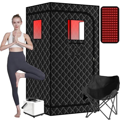 Smartmak Portable Steam Infrared Sauna with 660nm Red Light Therapy Lamp for Home Relaxation, Personal Large Full Body Sauna Spa Tent with 3.0L 1100W Steamer, Remote Control, Folding Chair Indoor Use