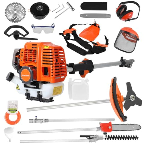 gihusrzx 2025 New Gas Weed Wacker - 52cc 2-Stroke 5 in 1 Multi-Functional Lawn Mower Hedge Trimmer Pruners Gas Powered Brush Cutter, Handheld Weed Eater for Garden and Yard Lawn Orange