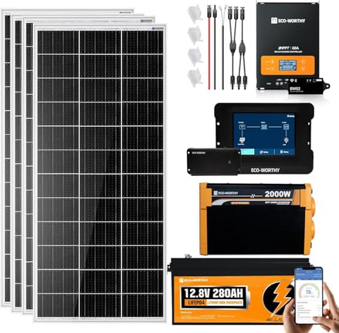 ECO-WORTHY 800W 12V 3.5KWH Off Grid Solar System with Power Monitoring Hub For Travel Trailer:4PCS 195W Solar Panel+12.8V 280Ah Lithium Battery+60A MPPT Charge Controller+2000W Pure Sine Wave Inverter