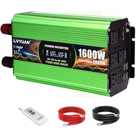 1600W Pure Sine Wave Power Inverters, LVYUAN 3000W Peak Power 12V DC to AC 120V Converter for Vehicle, RV, Off-Grid Solar, Remote Control 4 AC Outlets, 4 USB Ports Inverter with LCD Display