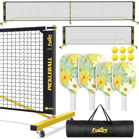 Fostoy Portable Pickleball Net with Wheels, Pickleball Set with 4 Fiberglass Paddles & 6 Pickleballs, Carry Bag, for Backyards Driveways and Garages (22ft & 11ft Net with 4 Fiberglass Paddles)