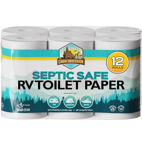 RV Toilet Paper - 12 Pack Septic Safe Toilet Paper 2-Ply Quick Dissolving Camper Toilet Paper Septic Safe to Prevent Clogs - Perfect for Automotive RVs, Septic Tank Systems, Boats, and Camping