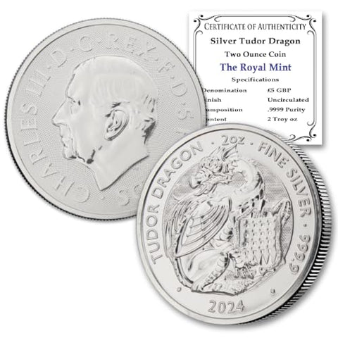 2024 2 oz British Silver Royal Tudor Beasts - Tudor Dragon Coin Brilliant Uncirculated with a Certificate of Authenticity £5 Seller BU