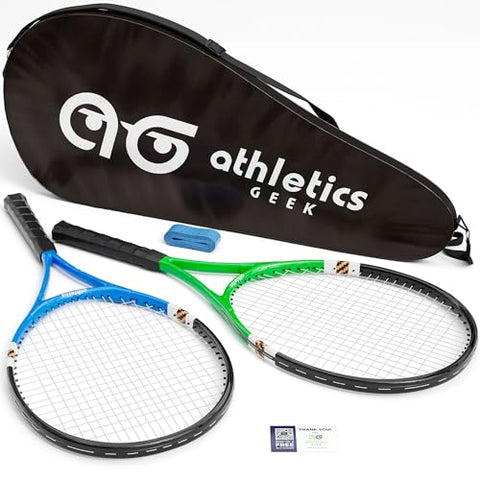 2 Player Lightweight Tennis Racket Training Set - 27-inch Adult Recreational Rackets for Men, Women, and Youth - Two-Color Variety Pack with Enhanced Grip Tape and Carry Bag for Easy Transport
