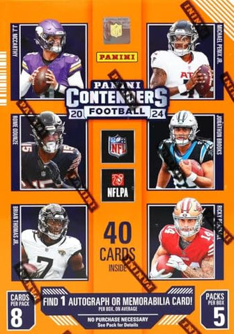 2024 Panini Contenders Football Series Factory Sealed Blaster Box with One Autograph or Rookie Ticket Memorabilia Swatch Plus Seven Inserts or Parallels Per Box Including Exclusive Blue Parallels