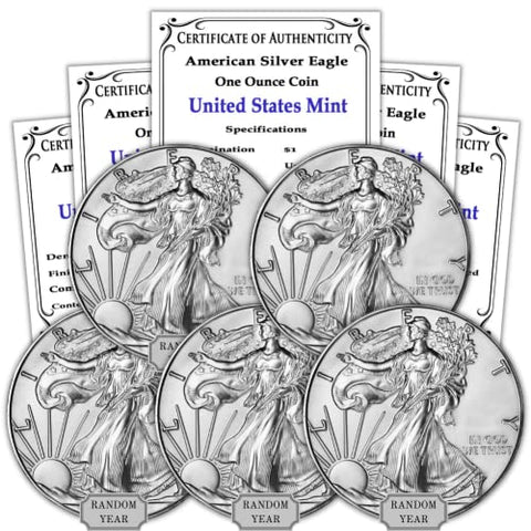 1986 - Present (Random Year) Lot of (5) 1 oz Silver American Eagle Coins Brilliant Uncirculated (Type 1 or 2) with Certificates of Authenticity $1 Seller BU