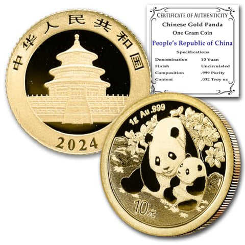 2024 1 Gram Gold Chinese Panda Coin Brilliant Uncirculated with Certificate of Authenticity 10¥ BU