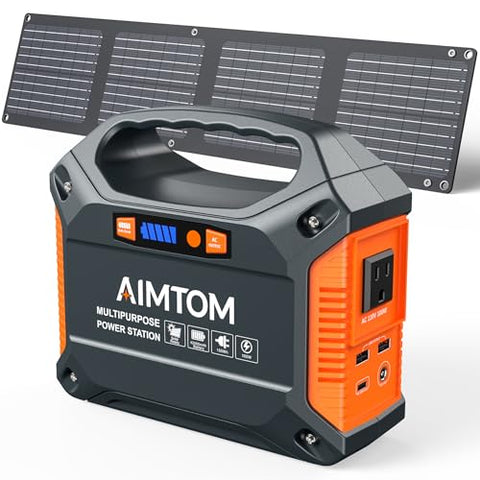 AIMTOM 155Wh Portable Power Station with 30W Solar Panel – 150W Peak/110V AC, 18W USB-C, 2x USB-A & 12V DC – Solar Generator for Camping, Home, RV, Travel & Emergencies