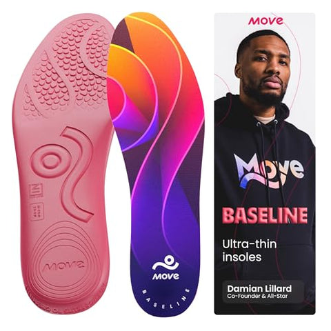 MOVE Baseline - All-Purpose Insoles - Sock Liner - Ultra Thin Shock Absorption - Maximum Freedom of Movement and Energy Return for Cleats, Shoes, Running, Basketball, Baseball (M11-11.5/WM12.5-13)